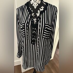 Peter Nygard Black and White Striped Lace-Up Blouse